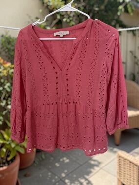 LOFT Eyelet V-Neck Blouse in Rosewood